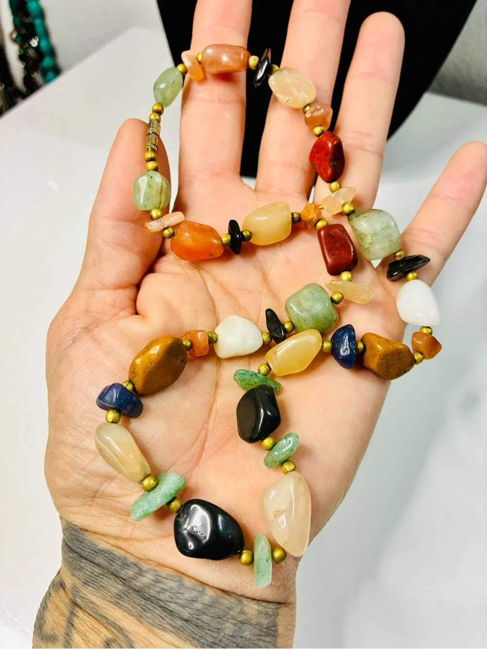 Multicolor Natural Stone Bead Necklace - Mixed Gem Accents VTG Hippie Cowgirl